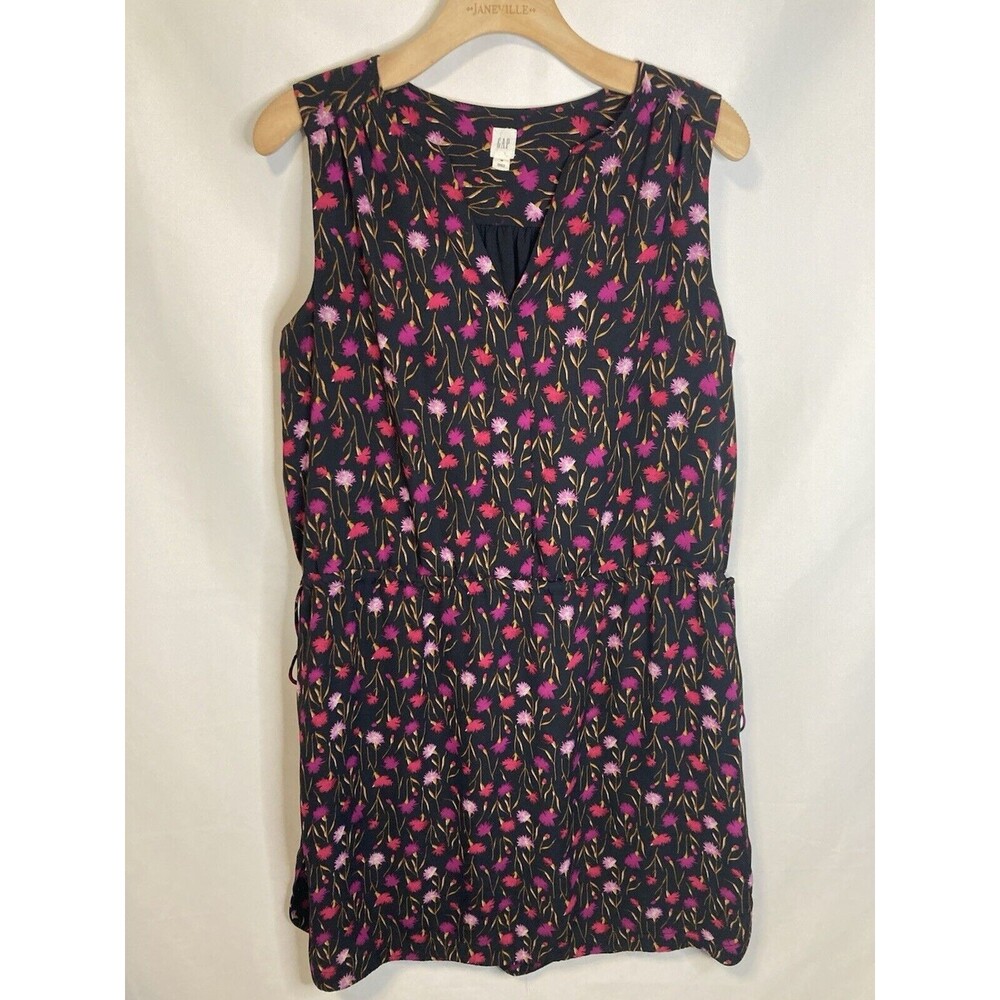 GAP Mini Dress M Drawstring Waist Black Pink Ditsy Floral Fairy Sleeveless Boho